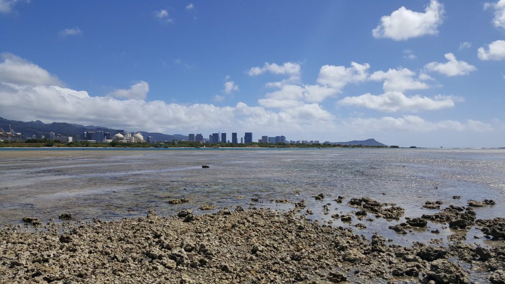 View of Mauli Ola to Diamond Head over the ocean from off-shore of Mokauea.